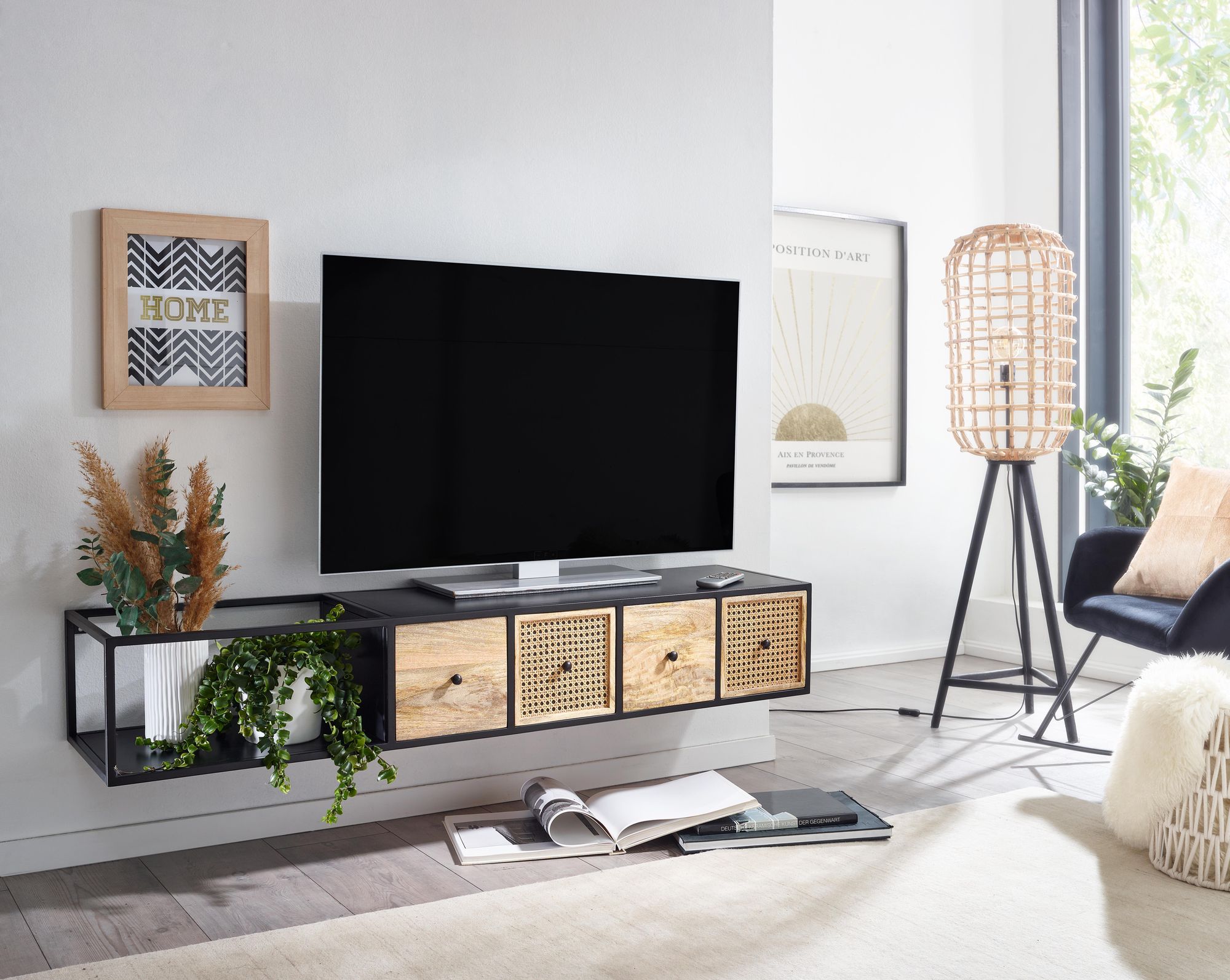 KADIMA DESIGN Lowboard Hängend Mango Massivholz/Metall, TV-Schrank, Schubladen & Rattan-Fronten