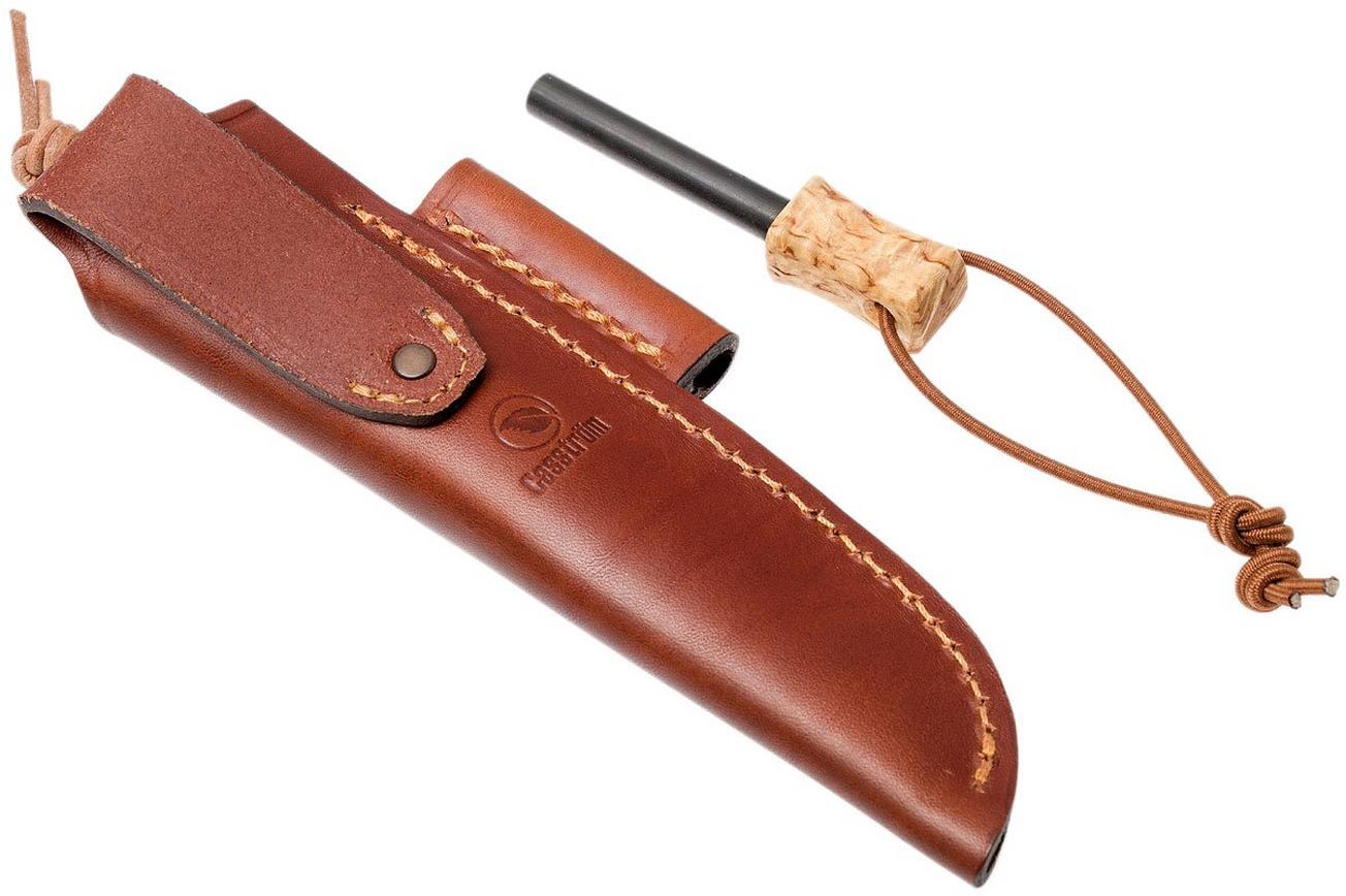 Casström Woodsman Knife Curly Birch, Slepiner Scandi Grind 10824 met firesteel