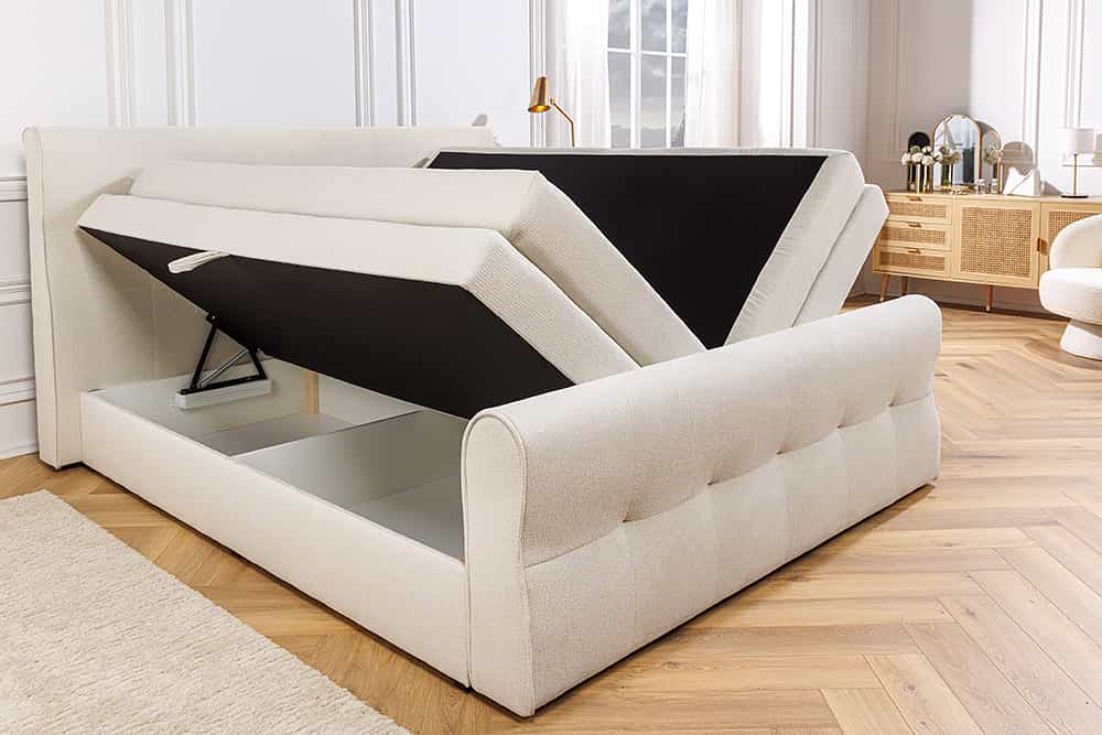 Design Boxspringbett SIGNUM 180x200cm creme Strukturstoff inkl. Stauraum Topper