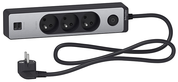 Multiprise 3 prises + 2 usb Schneider Electric Odace anthracite finition aluminium brossé 1.5 m