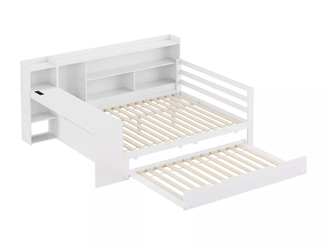 Canapé convertible en bois massif 140x200 cm - avec bureau + bibliothèque - compartiments de rangement + étagères - avec prises - avec lit gigogne - blanc