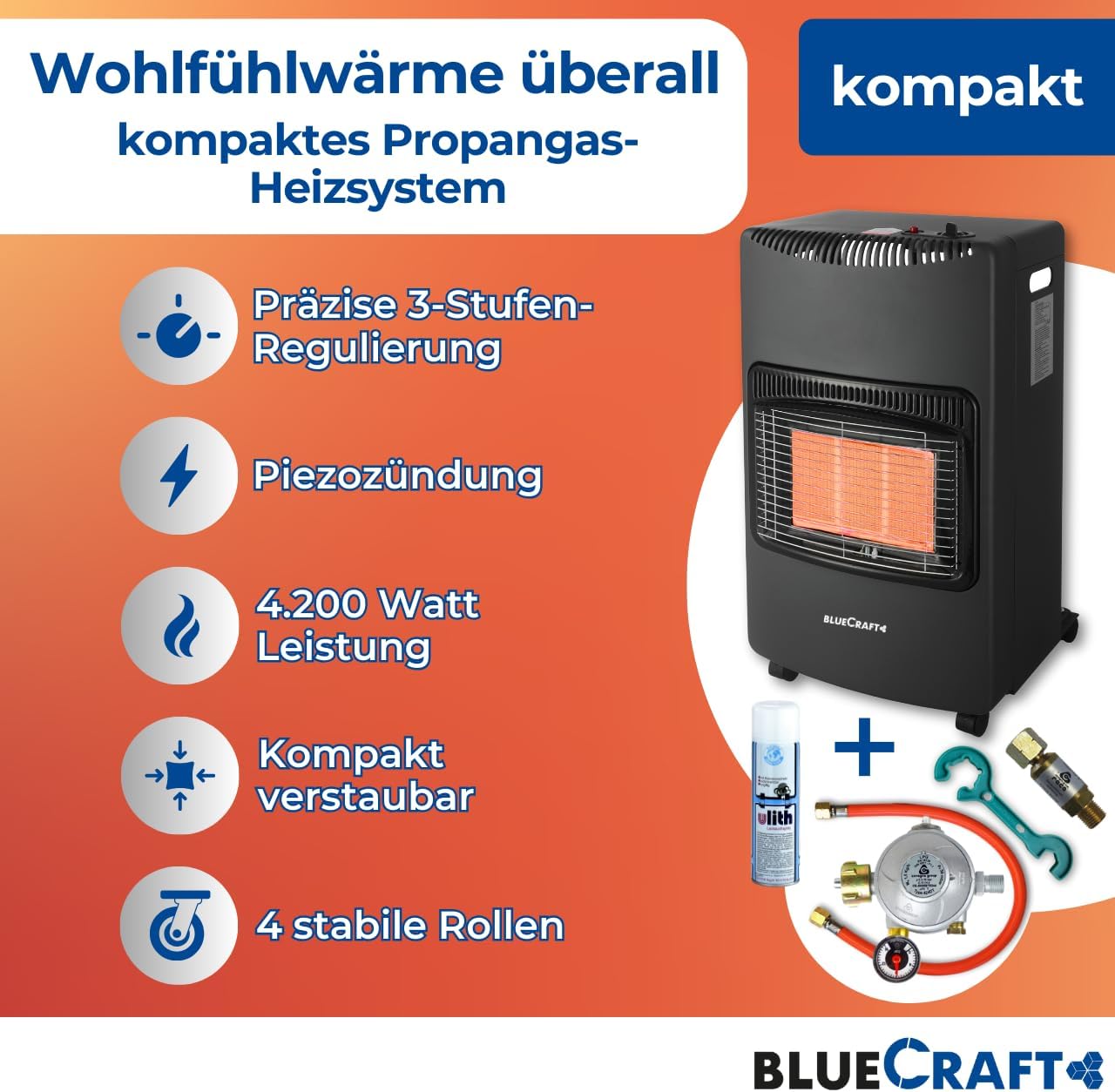 Bluecraft Gas-Ofen Heizofen in PREMIUM QUALITÄT Gasheizer für INNENRÄUME Infrarot Heizstrahler Notofen 4,2 kW | Camping-Heizung mit Haushaltsregler, Gasschlauch, Gasflaschenschlüssel, Lecksuchspray