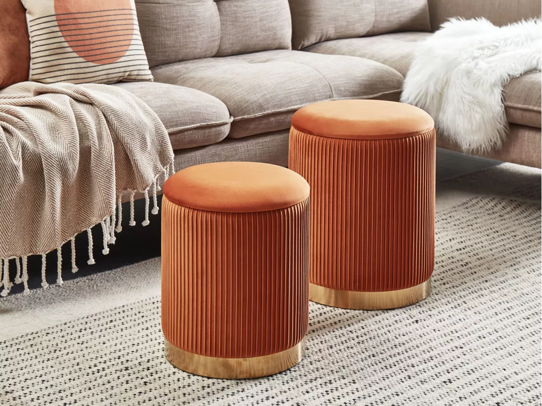Set de 2 poufs en velours orange avec rangement MIRAMAR