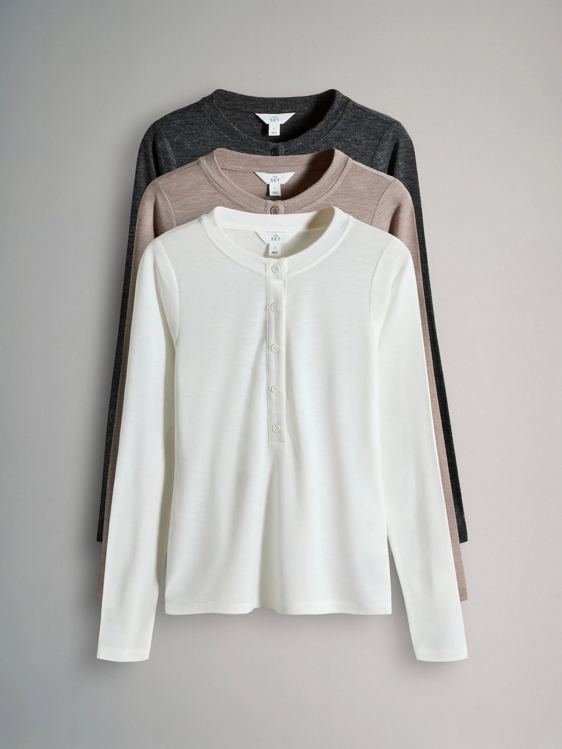 The Set 3 Pack Sheer Henley Long Sleeve Top