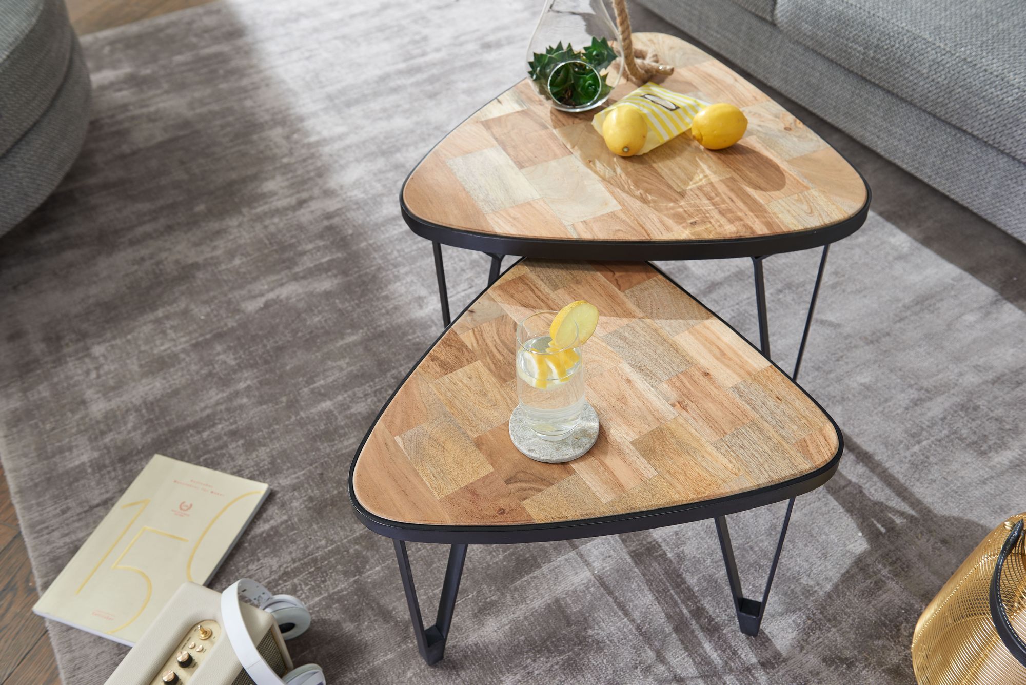 FineBuy Couchtisch Massivholz Metall Wohnzimmertisch 2er Set Satztisch Tisch