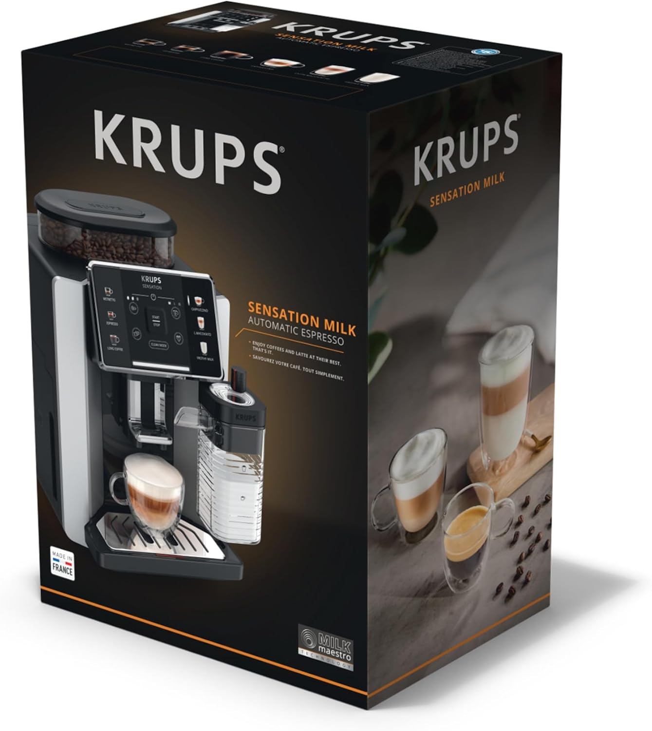 Krups Sensation Lait, Machine à café grains, machine expresso, 6 boissons, Carafe à lait, Cappuccino, Interface tactile, Nettoyage automatique, Silver, EA912E10