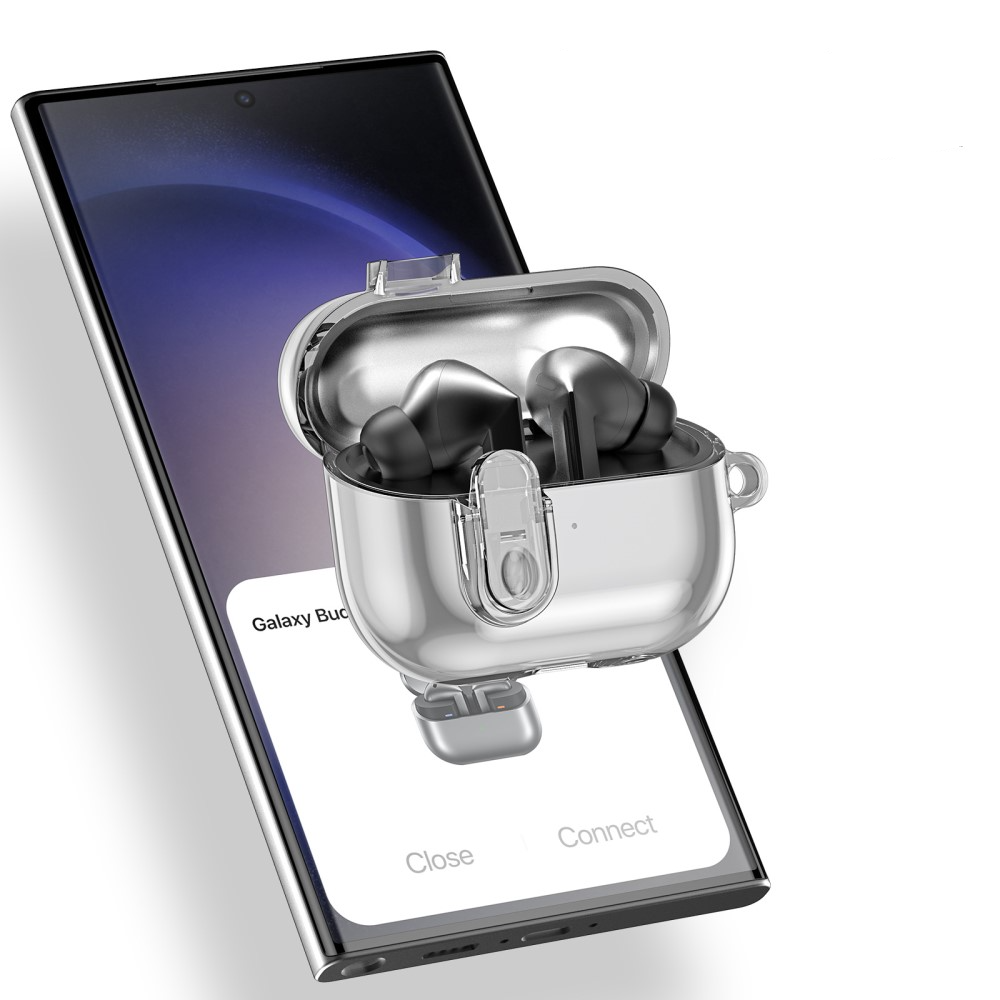 Samsung Galaxy Buds 3 / Buds 3 Pro Hybrid Hardcase Schutzhülle mit Verschluss   Karabinerhaken - Grau / Transparent