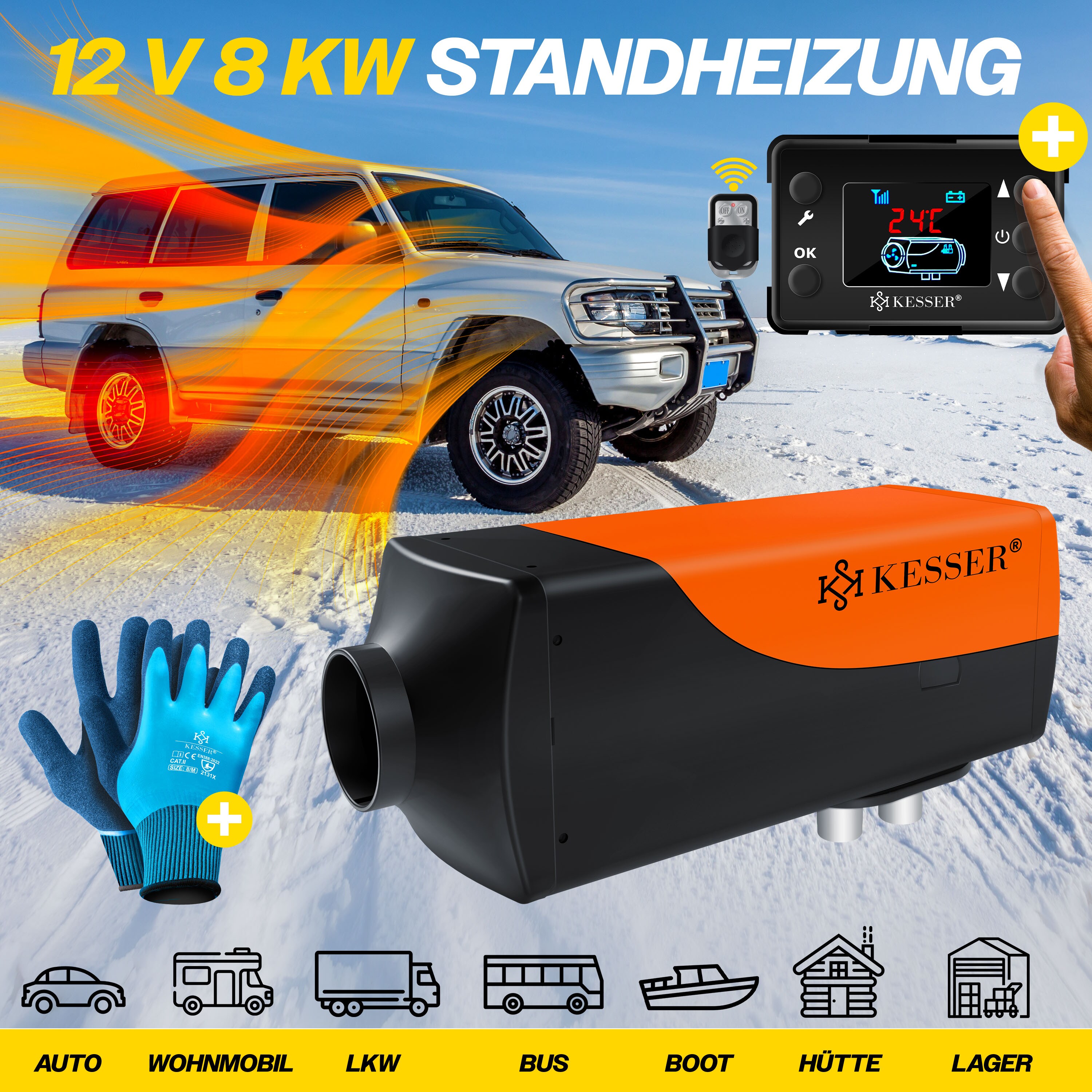 KESSER® Standheizung 5 & 8KW für Diesel | Diesel-Heizung mit LCD-Display und Fernbedienung | Lufterhitzer mit Schalldämpfer für Auto PKW LKW Wohnmobil | Heizung & Timer sowie Thermostat | 12V/24V KFZ