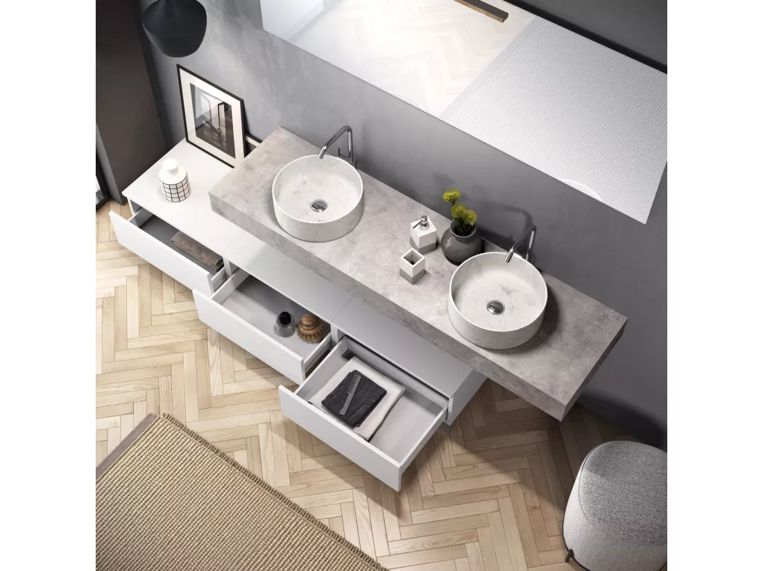 Ensemble de salle de bain double vasque 9 pièces ASTRA ciment/blanc