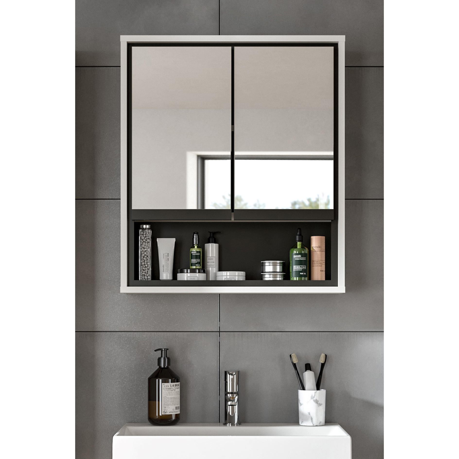 Spiegelschrank JARU - weiß-schwarz - 60 cm breit
