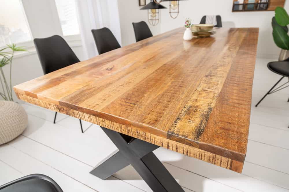 Massiver Esstisch IRON CRAFT 200cm natur Mangoholz Industrial Design X-Gestell schwarz Metall