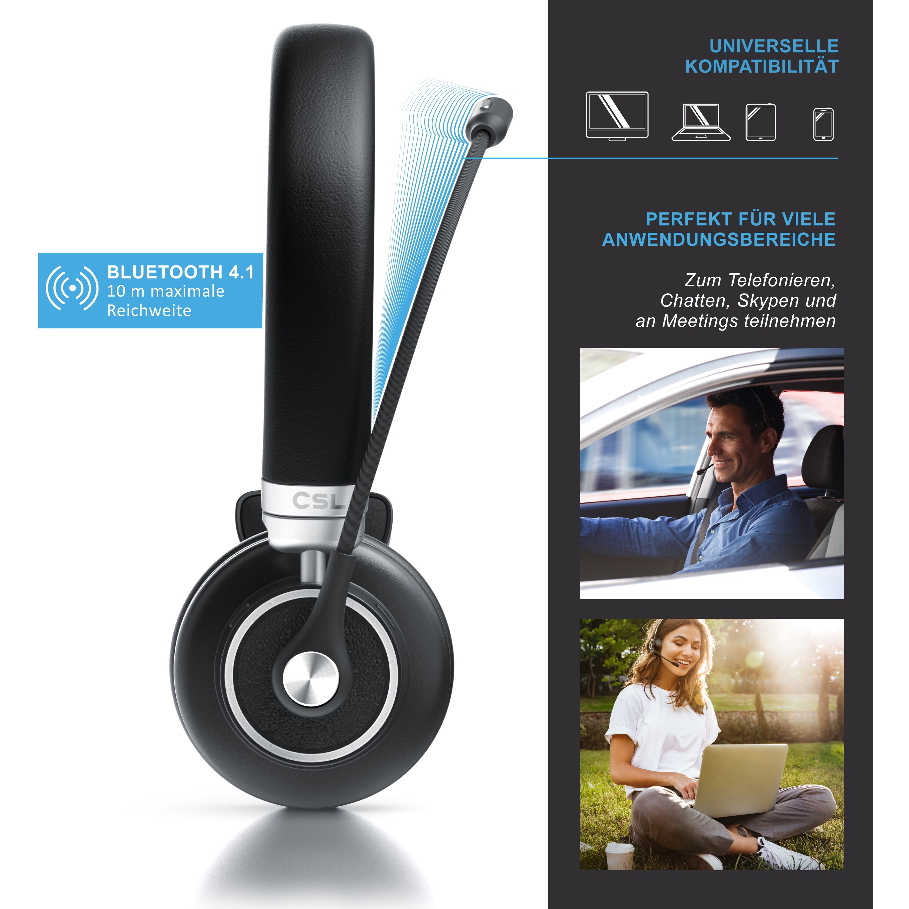 CSL Bluetooth 4.1 Headset 38mm - Kopfhörer mit flexiblem Mikrofon - Multipoint - kabellos - leicht - freisprechen - für Auto und LKW Computer VoIP