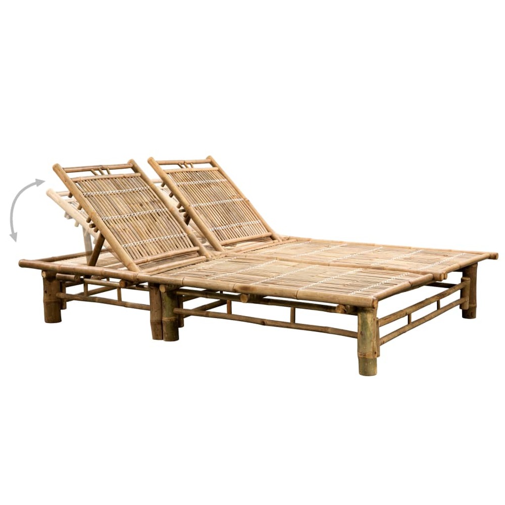 Transat chaise longue bain de soleil lit de jardin terrasse meuble d'extérieur pour 2 personnes avec coussins bambou 02_00129