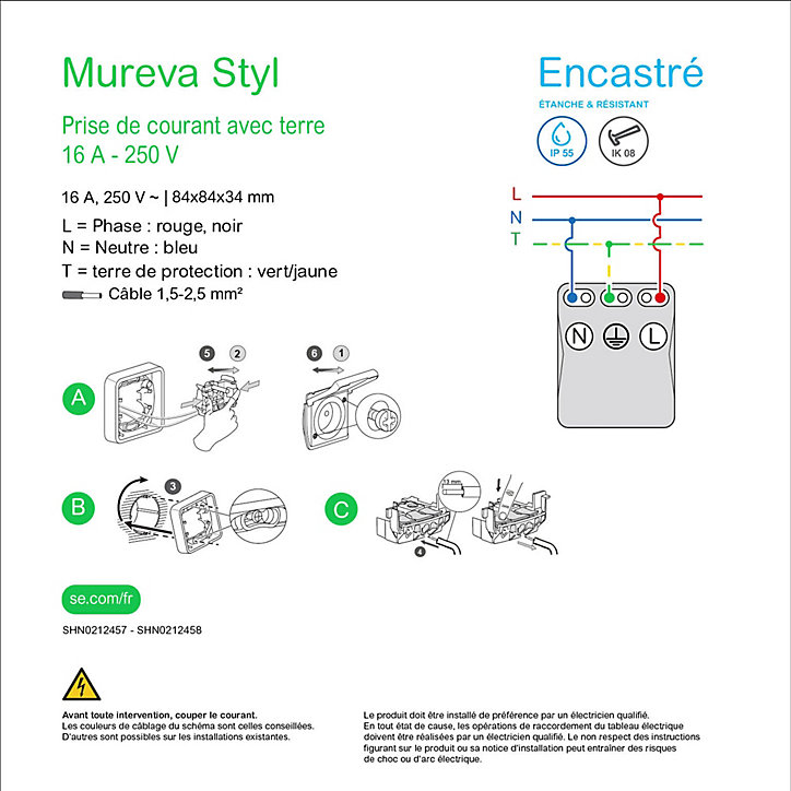 Prise encastrée avec terre étanche complète Schneider Electric Mureva Styl anthracite