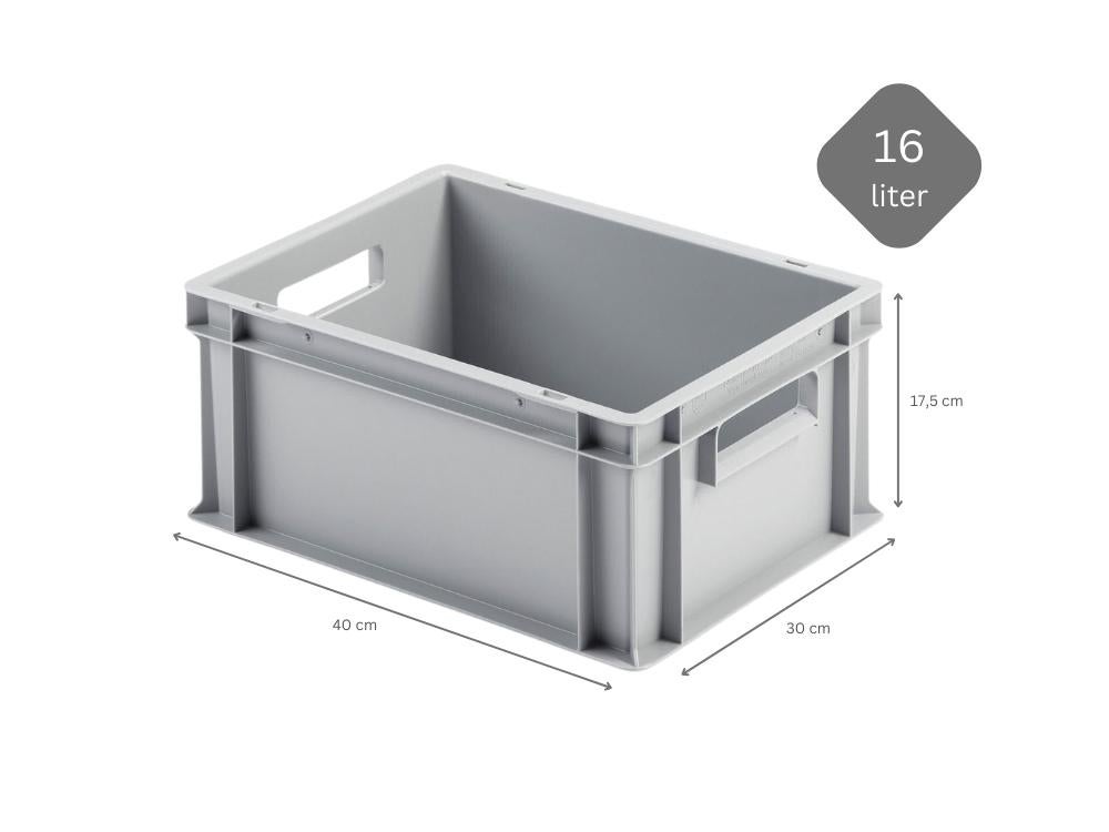 PROREGAL Eurocontainer met open handgreep HxBxD 17,5 x 30 x 40 cm 16 liter Grijs Eurobox Transportbox Transportcontainer Stapelbak