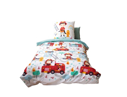 COTE DECO - Ensemble couette + 1 oreiller Parure de lit enfant pompier - 100% coton adouci 57 fils - ...