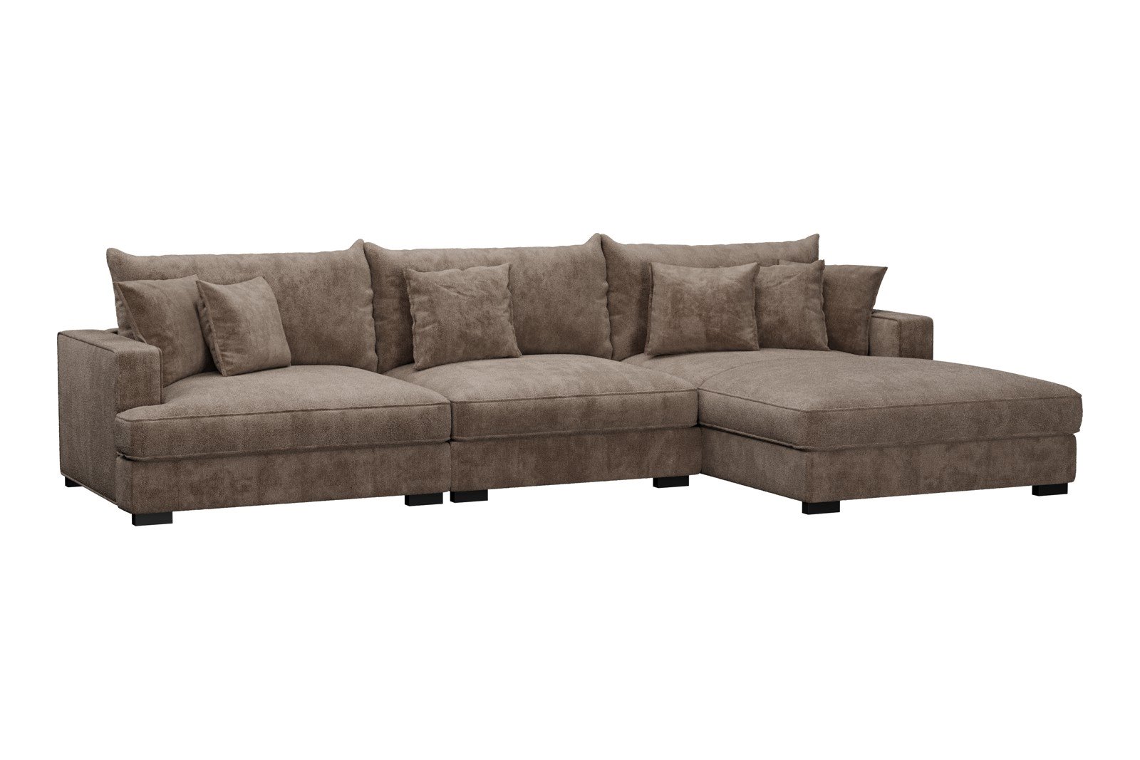 Rossi Lux 3-seter med sjeselong høyre Tekstil Genesis 6 Mink, arm A med sorte ben. Lux Komfort.