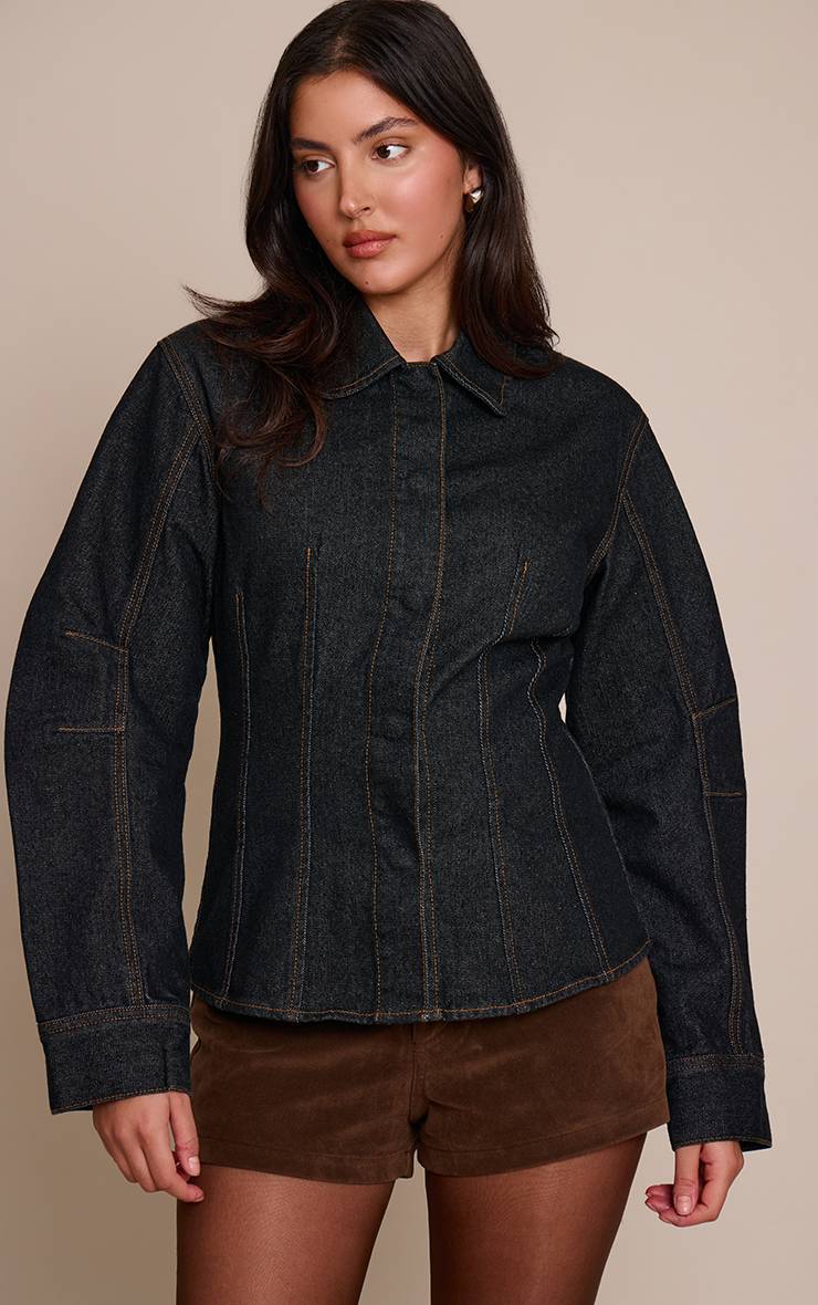 Raw Indigo Wash Chemise En Jean Cintrée À Manches Ballon