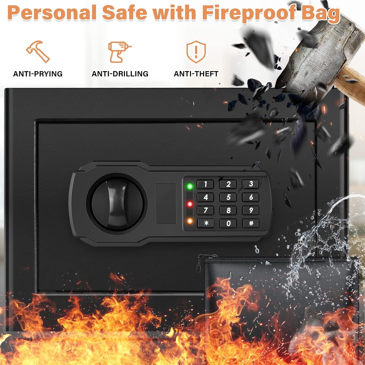 25L Safe Tresor Feuerfest mit Wasserdichter Geldtasche, Digitaler Heimtresor mit Herausnehmbares Regal und Alarmanlage, Wandtresor Möbeltresor für Bargeld Medikamente Schmuck A4 Dokumente