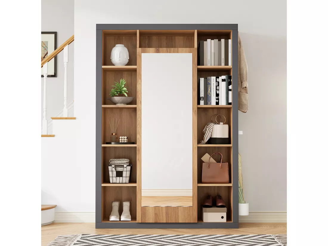 Vestiaire avec miroir et étagères de rangement - 115 x 30 x 165 cm - MDF - Naturel et gris