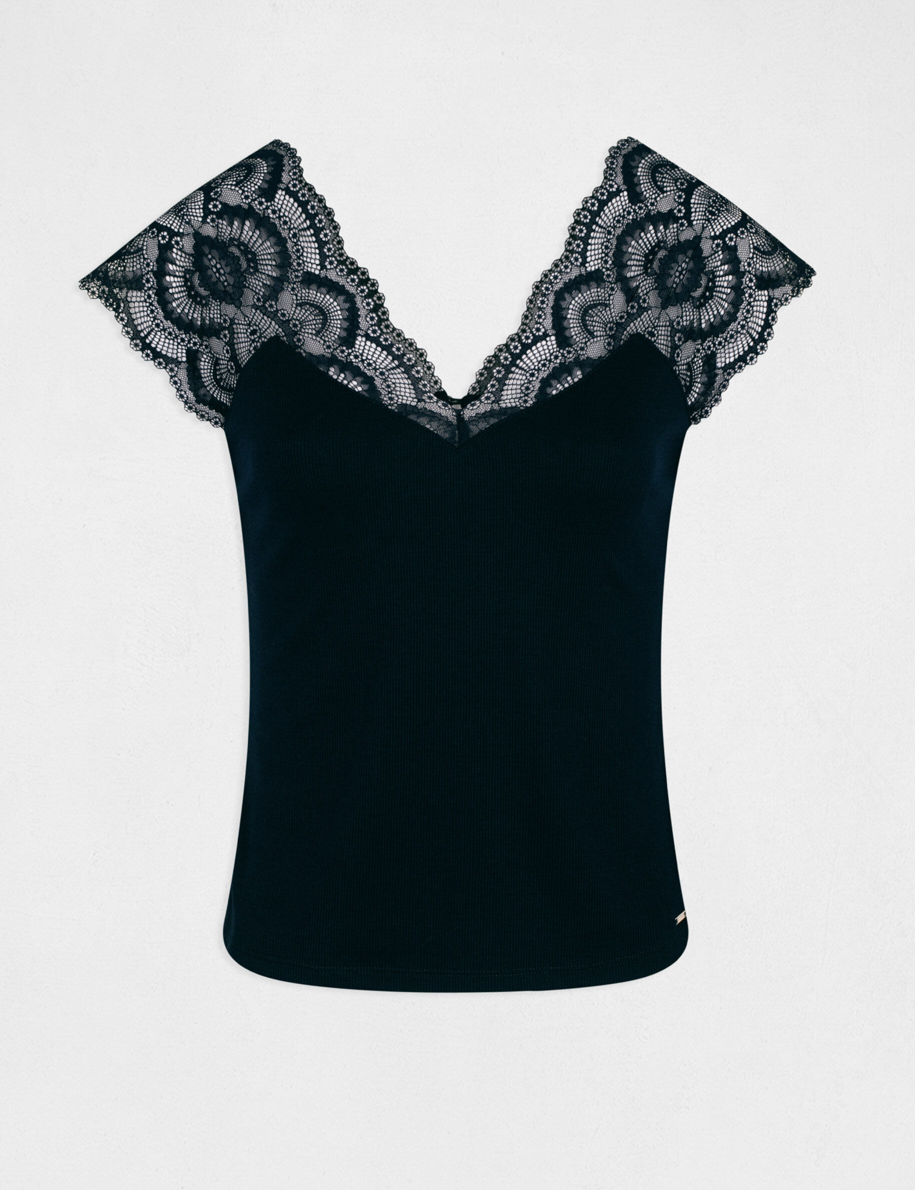 T-shirt manches courtes à dentelle marine femme - marine