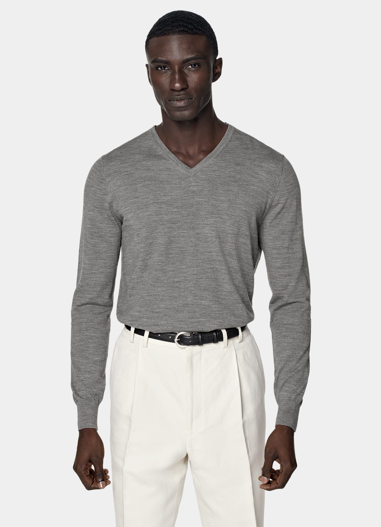 Pull col V Merino gris