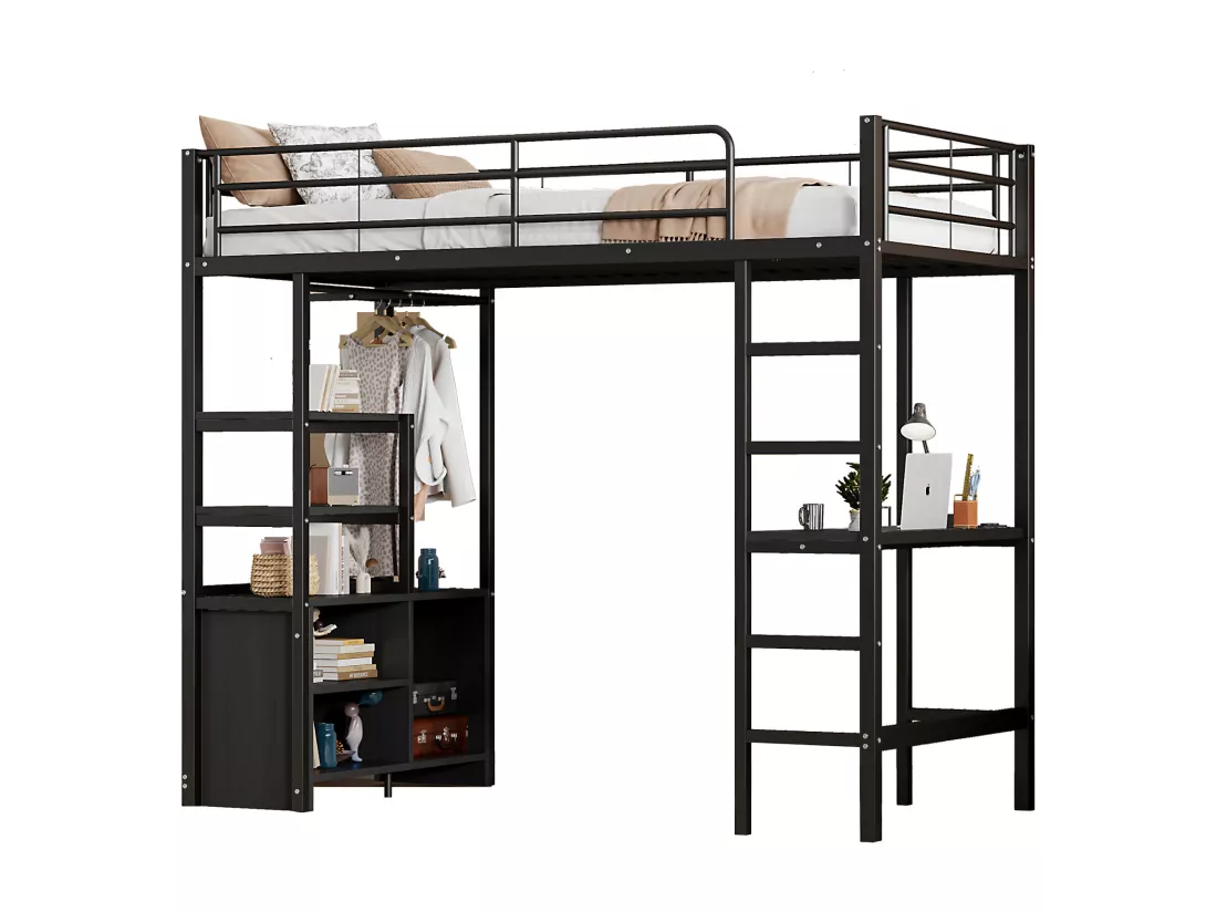 Lit mezzanine 90x200cm en métal - avec bureau + prises USB + barrières - Noir
