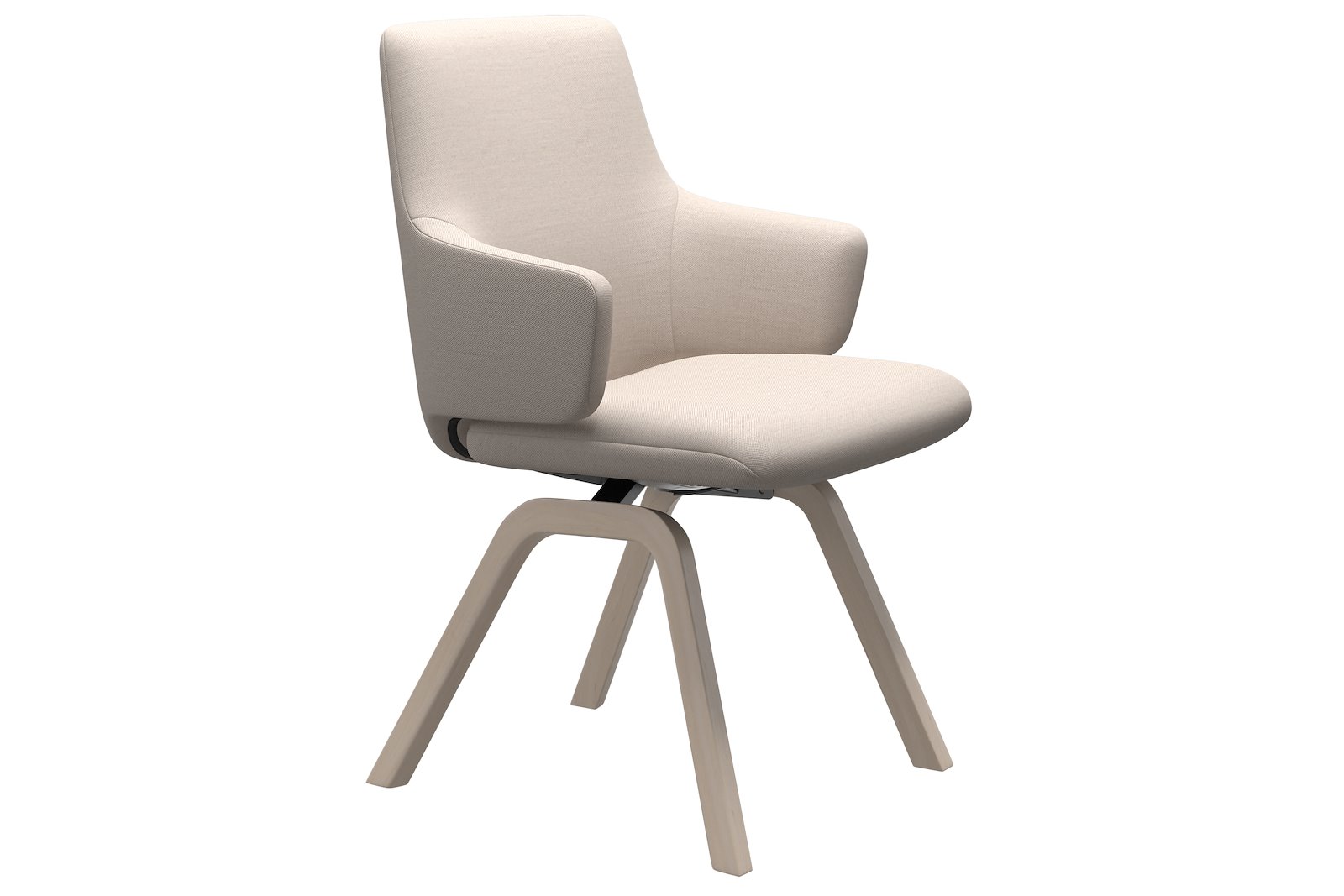 Basil spisestol Tekstil Mirage Offwhite med hvitvasket eik understell. Lav rygg, med arm og large sete. Vaskbart trekk