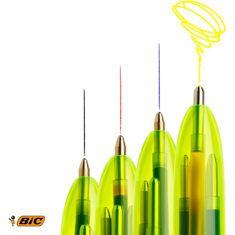 Stylo bille Bic 4 couleurs Fluo rétractable pointe 1 mm - écriture moyenne