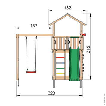 Speeltoestel Jungle Gym Chalet douglas met glijbaan donker groen en 1-schommel module