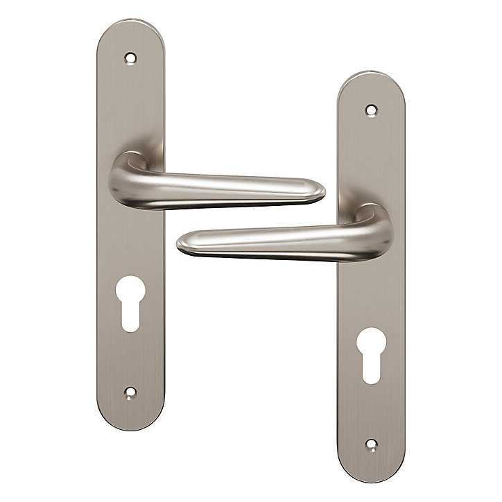 Ensemble poignée sur plaque Droit cylindre GoodHome Mehaban effet nickel satin gris L.120mm x l.40mm entraxe 195mm