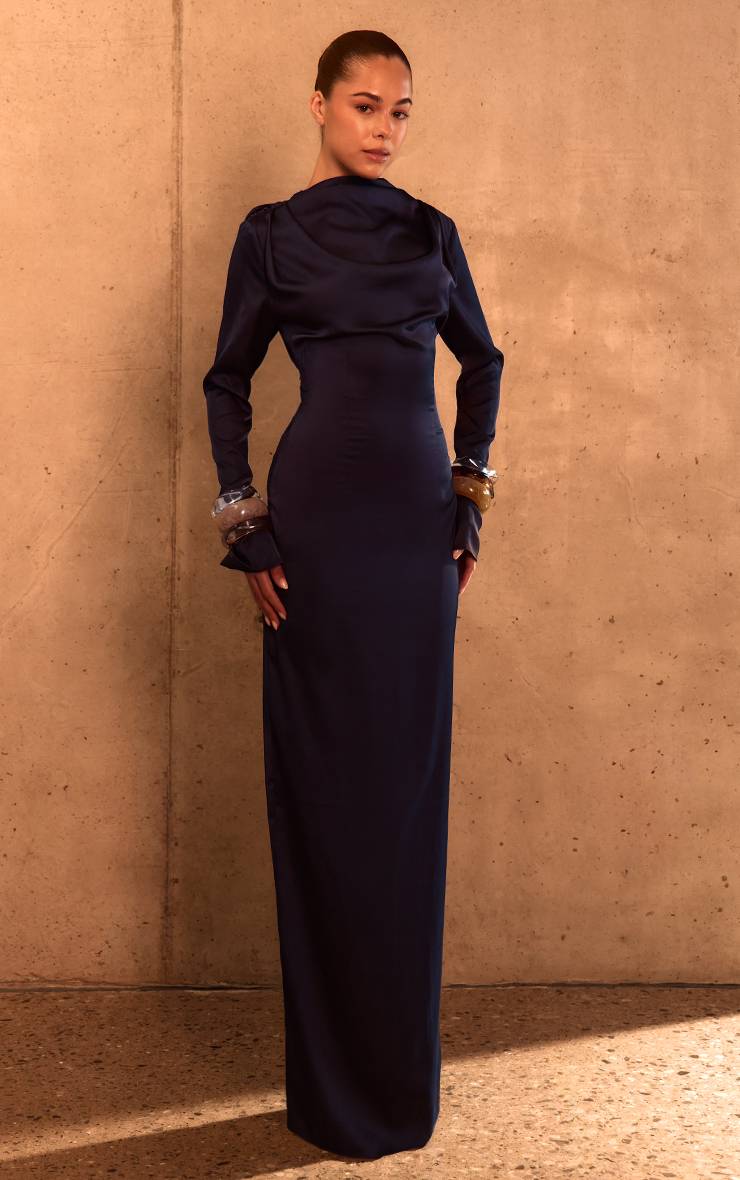Bleu Marine Robe Longue Satinée À Dos Drapé PLT Label