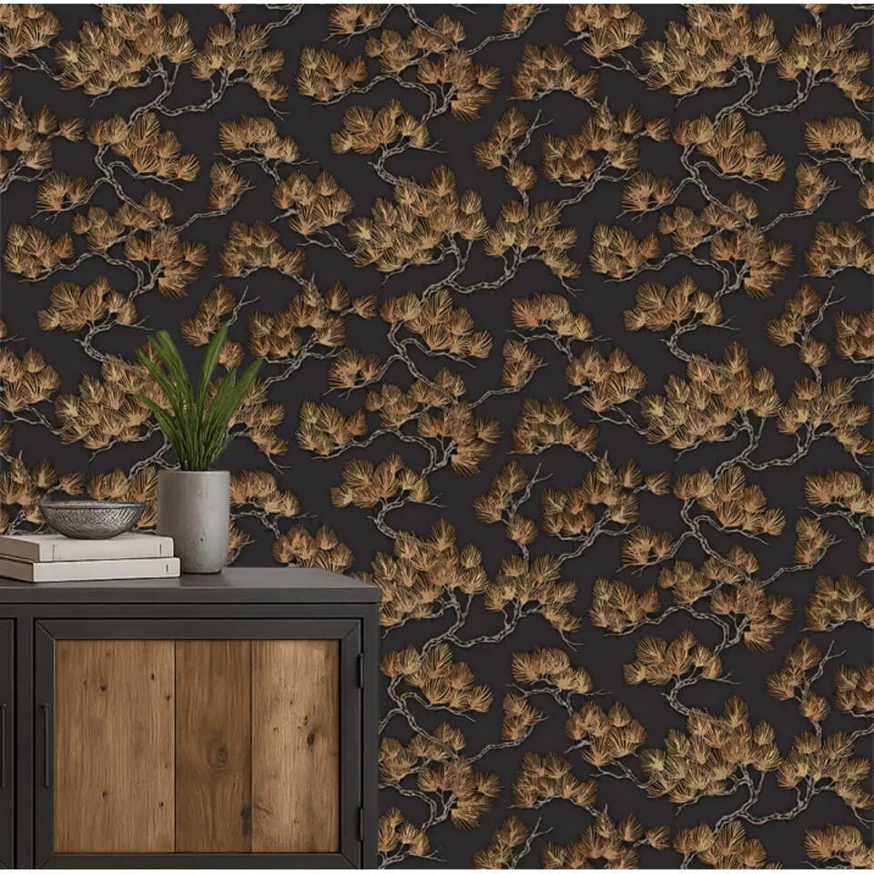 Dutch Wallcoverings Vliesbehang Wall Fabric pine tree - zwart - 10,05m x 53cm