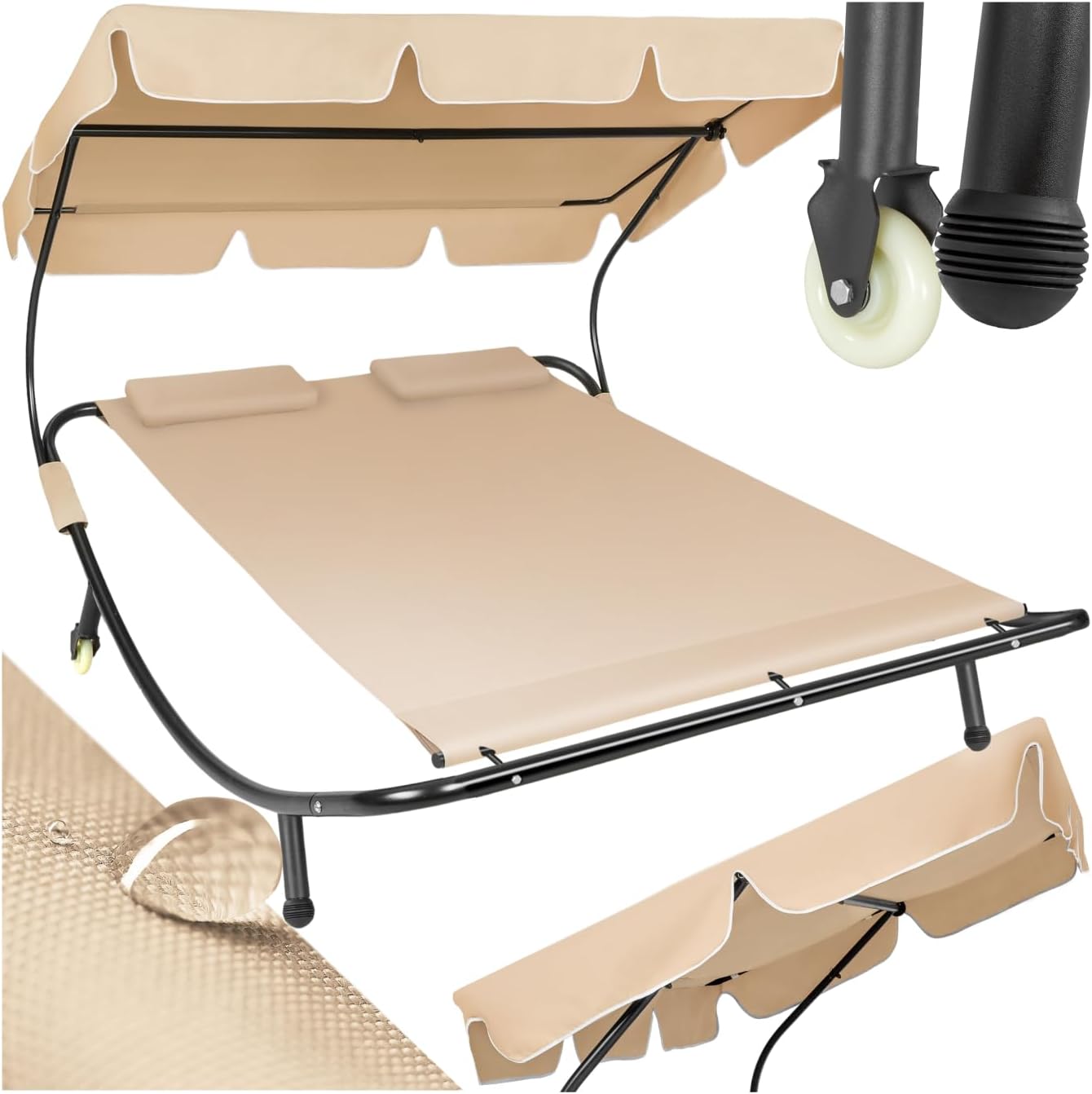 tectake Sonnenliege, Doppelliege, Outdoor Liege für 2 Personen, Gartenliege mit Sonnendach, Relaxliege, Sonnenliege mit Dach, inkl. 2 Kissen, ideal für Garten oder Balkon - schwarz/beige