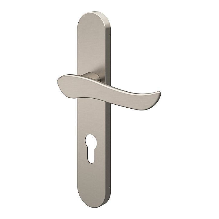 Ensemble poignée sur plaque rondcylindre GoodHome Armel effet nickel satin gris L.130mm x l.42mm entraxe 165-195mm