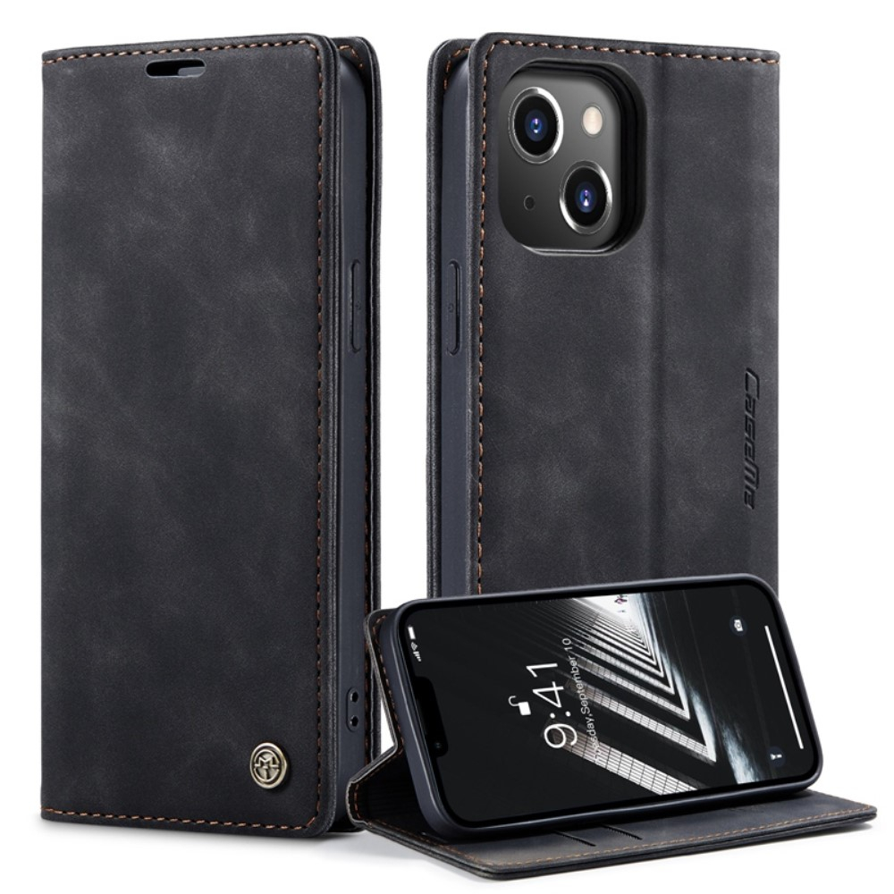 iPhone 14 Leder Tasche Flip Wallet Etui mit Kartenfächern - Schwarz