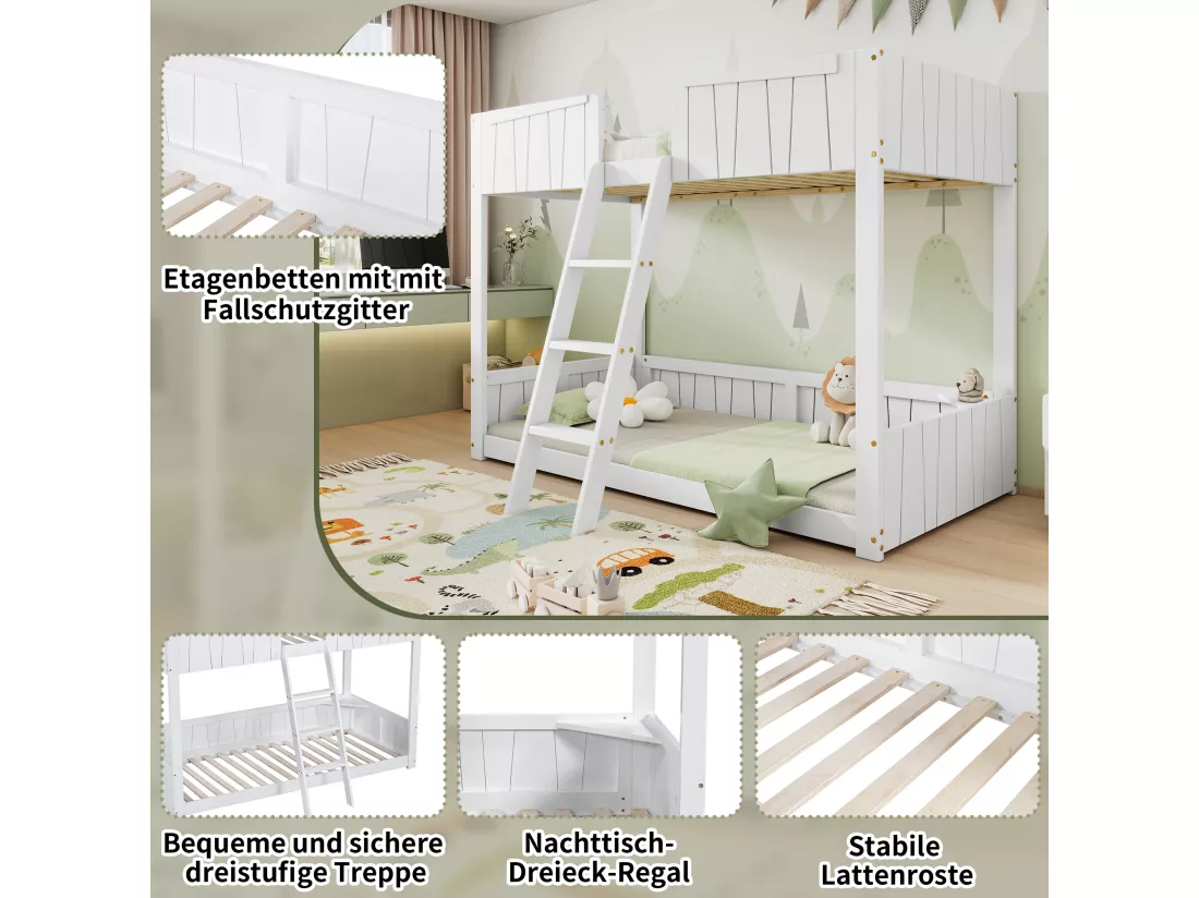 Lits superposés 2 x 90 x 200 cm avec échelle et barrières de sécurité - pin + MDF - blanc (sans matelas)