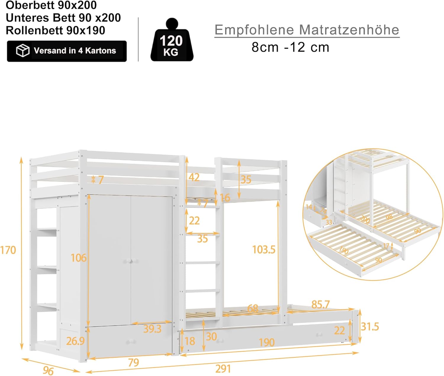 Etagenbett aus Massivholz mit Ausziehbett, multifunktionales Kinderbett mit Kleiderschrank, Schubladen und Ablagefach, Grau/Weiß, 90×200cm (Weiß)