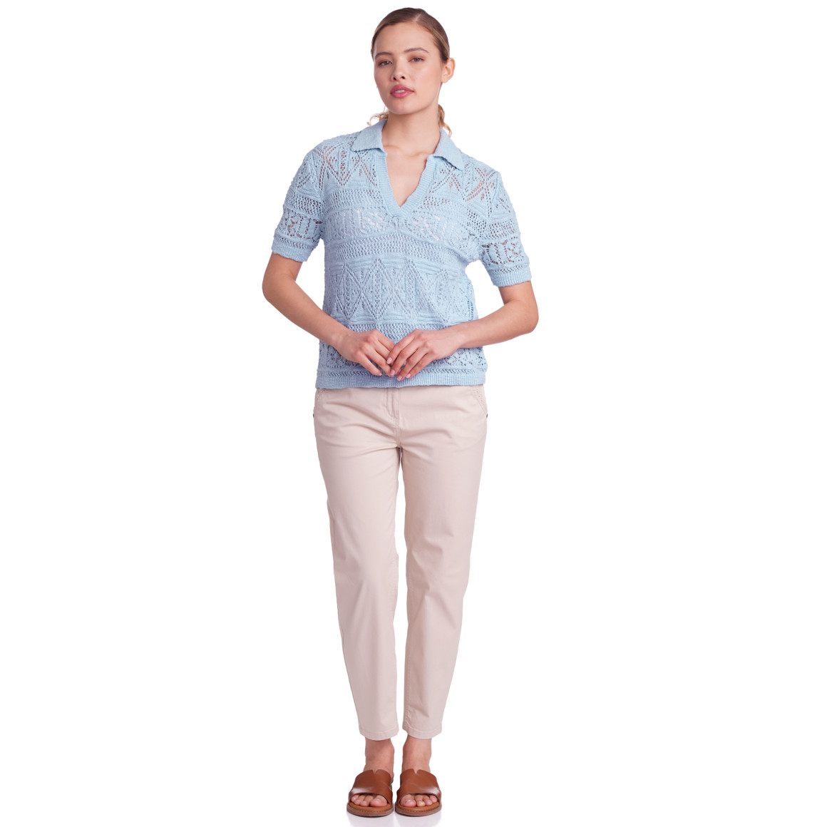Gina Damen Strickshirt  mit Ajour-Muster hellblau
