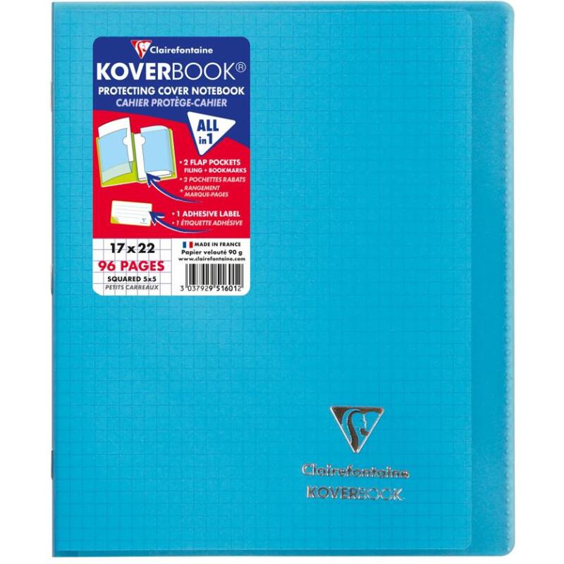 Cahier piqué Koverbook 17x22 cm 96 pages petits carreaux couverture polypropylène 100% recyclé