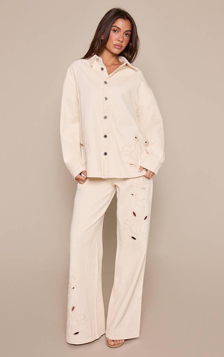 Ecru Chemise En Jean À Détails Ajourés Et Broderie Florale