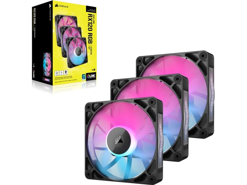 Corsair PC-Lüfter iCUE LINK RX120 RGB Schwarz, 3er Starter- Leistungsfähige RGB PWM-Lüfter mit hochwertiger Flüssigkristallpolymer-Konstruktion und CORSAIR AirGuide-Technologie