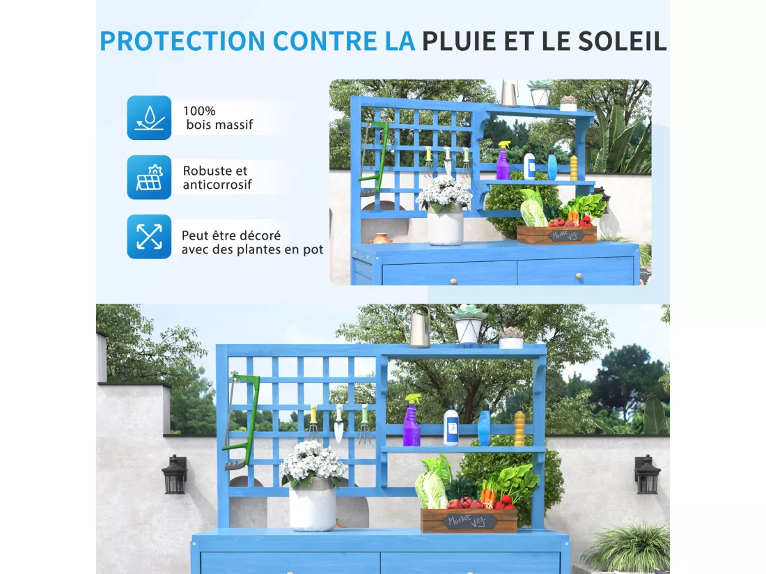 Armoire de jardin, abri de jardin en bois massif avec 2 portes, 2 tiroirs et étagère de rangement - 141.5 x 44 x 105 - Bleu