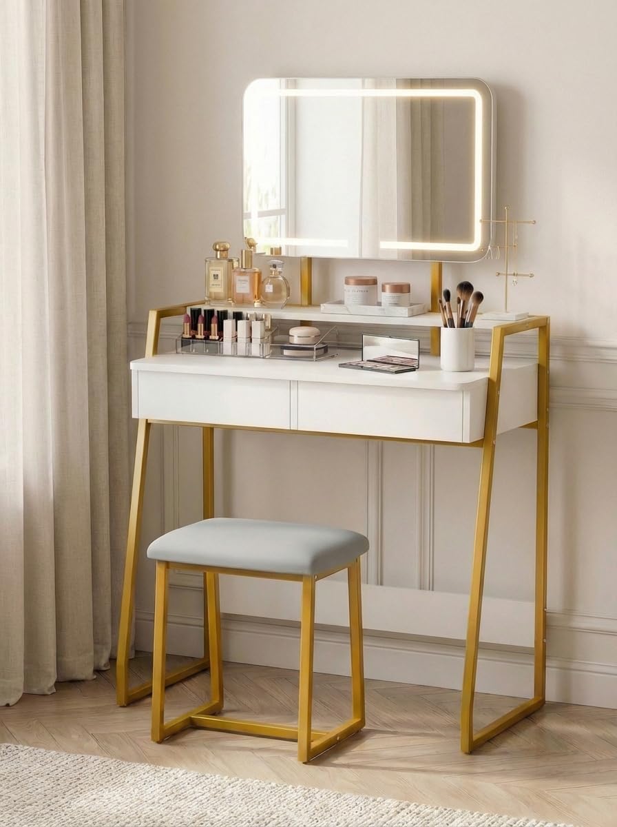 Mondeer Frisier Schminktisch mit Hocker für Schlafzimmer/Schminkbereich, Metall/E1-Spanplatte, LED Spiegel, 3 Lichtfarben, 2-Fach verstellbar, 2 Schubladen, 1 offenes Fach - Weiß/Gold 84 x 43 x 142cm