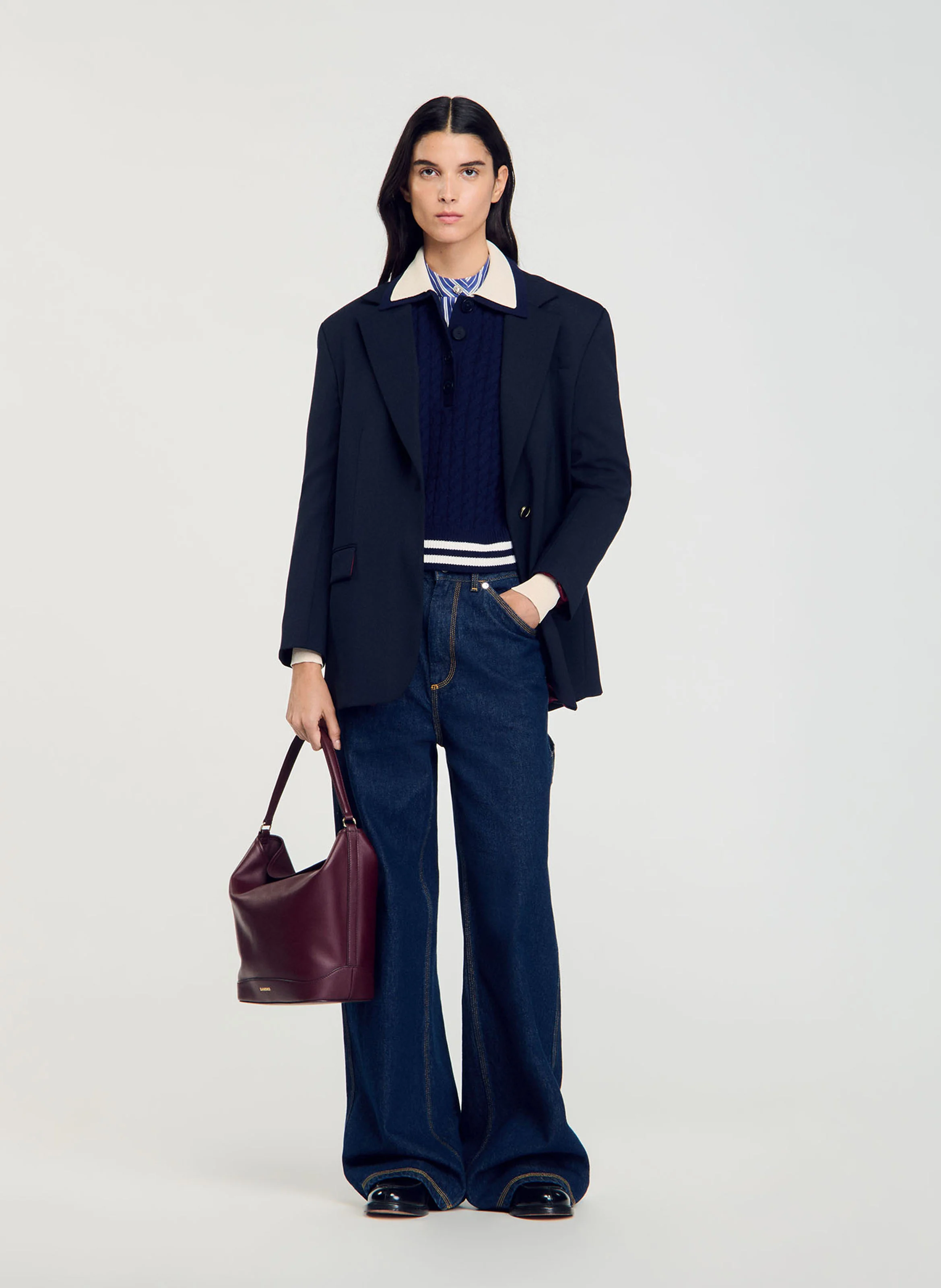 Pull droit col polo en laine et cachemire mélangé | Bleu