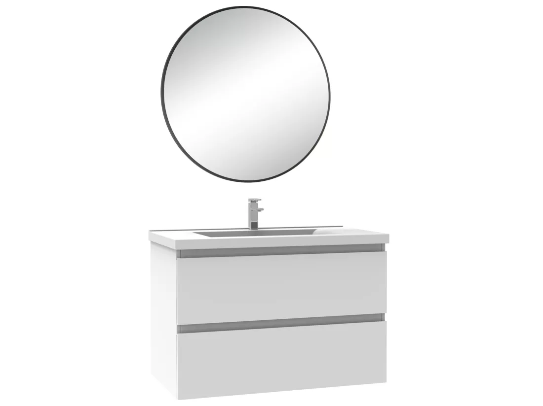 Meuble salle de bain simple vasque 80cm blanc meuble acve rond miroir - Aica