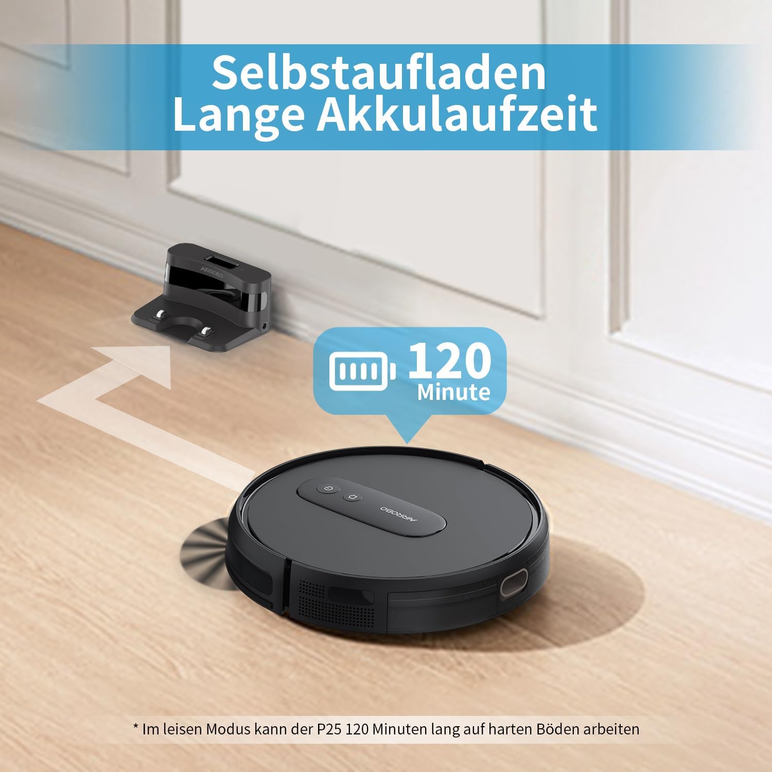 AIRROBO Saugroboter, Staubsauger Roboter mit 2800 Pa Saugkraft, Roboterstaubsauger mit Ladestation, P25 Saugroboter ohne Wischfunktion für Teppich Tierhaare Hartböden, APP Steuerung, 120 Min Laufzeit