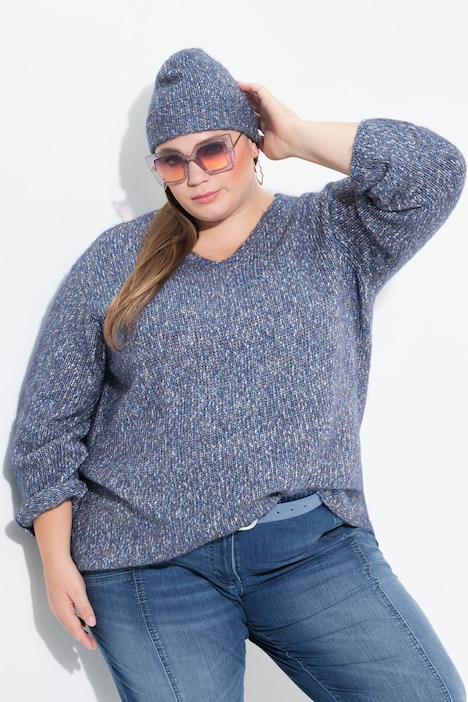 Pullover, melierter Feinstrick, V-Ausschnitt, Langarm