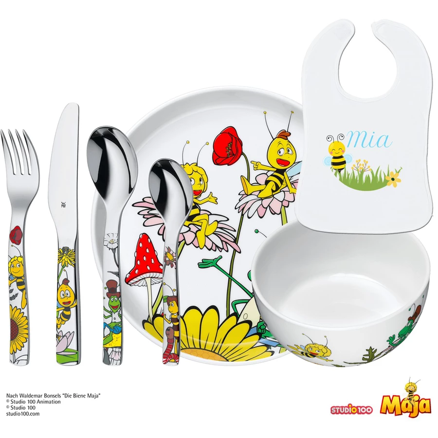 Schnullireich Geschenkset mit Namen Biene Maja: WMF Kinderbesteck + TellerSchale+ Lätzchen Silber