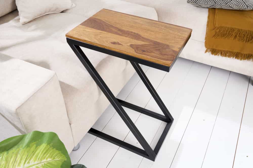 Massivholz Beistelltisch BUTLER 60cm braun Sheesham stone finish schwarz Metall
